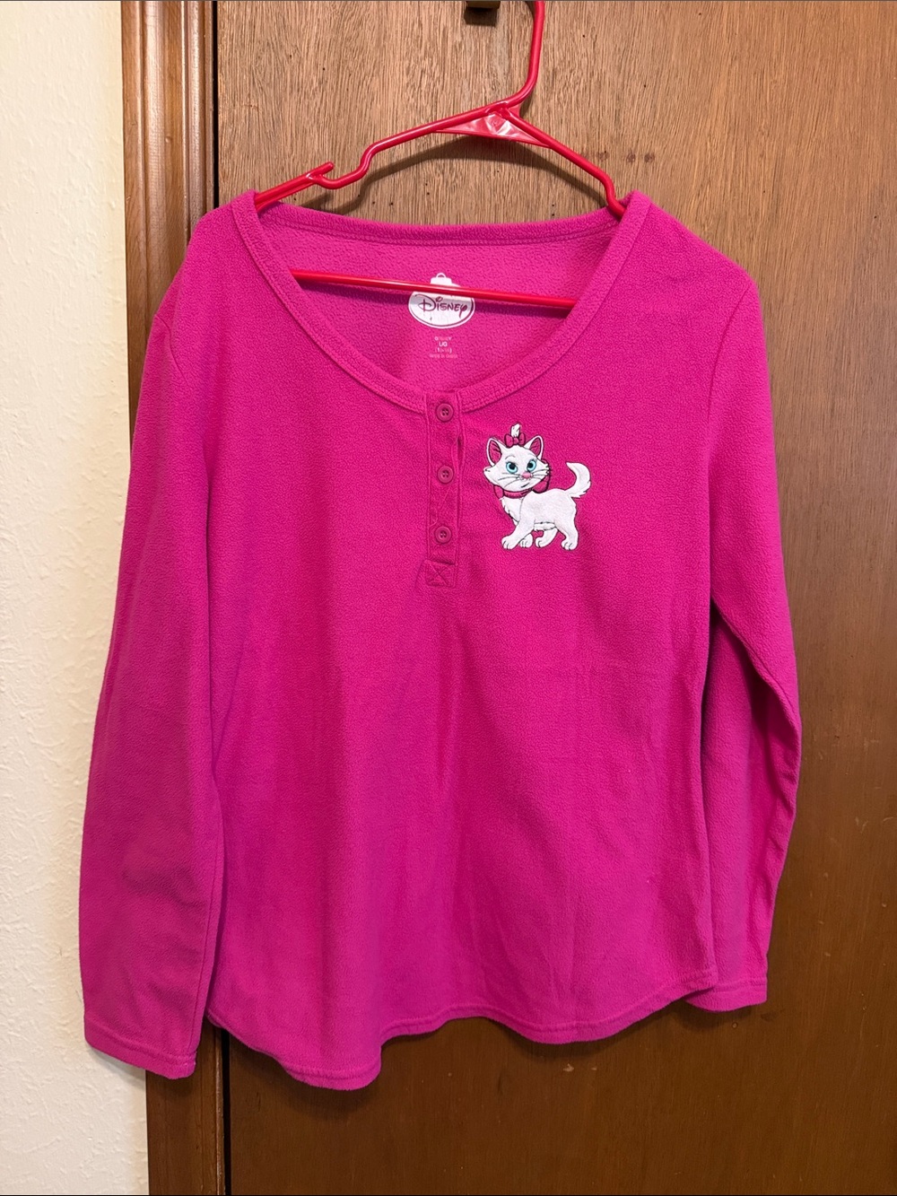 Disney Bright Pink Long-Sleeve Henley Top with Embroidered Cat